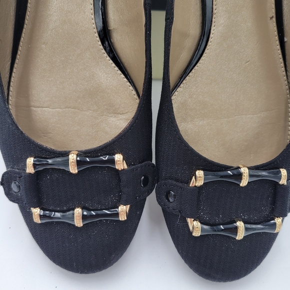 Womans Liz Claiborne Black Fabric Flats Leather Bottoms Gold accent buckle Sz 7 - Picture 5 of 12